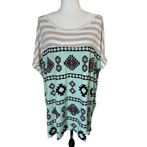 NWT LULAROE LEAH Cuff Sleeve Tunic Top Size 3XL Mint Green Aztec Print Soft